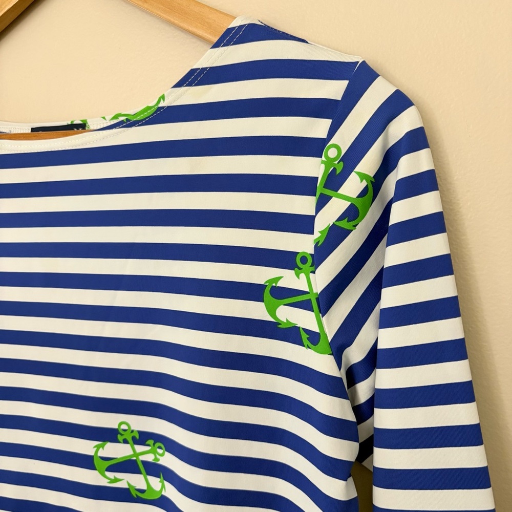 Melly M Nautical Stripe Anchor Dress 3/4 Sleeve Boat Neck Size M Made in USA - Picture 4 of 9